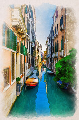 Wall Mural - Watercolor drawing of Venice cityscape with narrow water canal with boats moored between old colorful buildings and green trees