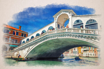 Wall Mural - Watercolor drawing of Venice: gondolier on gondola traditional boat sailing on water of Grand Canal waterway under Rialto Bridge