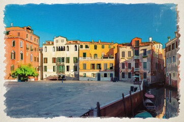 Wall Mural - Watercolor drawing of Campo San Anzolo Sant'Angelo square with typical italian buildings of Venetian architecture and narrow water canal in Venice