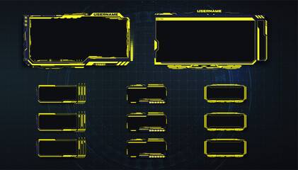 Streaming panel overlay design template. Set of yellow gaming panels and overlays for cybersport streamers in futuristic style. Vector Illustration