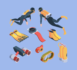 Wall Mural - Diving club. Isometric underwater sport items for divers flippers breathing tube air tanks bathyscaphe garish vector. Swimming underwater isometric illustration