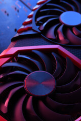 Poster - Computer game graphics card, videocard with two coolers on circuit board ,motherboard background. Close-up. With red-blue lighting