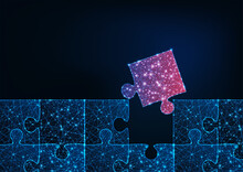 Futuristic Glowing Low Polygonal Blue Jigsaw Puzzle Game With One Red Matching Missing Piece.