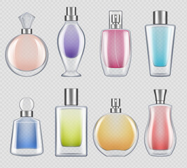 Canvas Print - Perfumes bottles. Realistic luxury good smell for female in glass bottles decent vector mockup collection. Perfume smell bottle, scent aroma container illustration