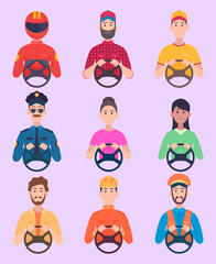 Poster - Drivers. Avatars people holding driving wheel racing helmet bus and taxi drivers traffic characters exact vector persons. Illustration person driver, automobile car transport, auto traffic