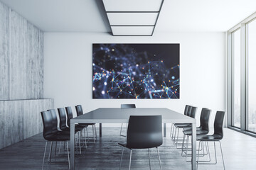 Poster - Creative abstract wireless technology hologram on tv display in a modern presentation room, artificial intelligence and machine learning concept. 3D Rendering