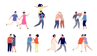 Wall Mural - Romantic couple characters. Happy couples, romance adult hugging in love. Smiling people walking, isolated woman man partners vector set. Hugging adorable people illustration, romance, young and happy