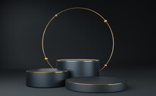 Empty Gray Cylinder Podium With Gold Border, Ball And Circle On Black Background. Abstract Minimal Studio 3d Geometric Shape Object. Pedestal Mockup Space For Display Of Product Design. 3d Rendering.