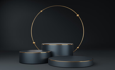 Wall Mural - Empty gray cylinder podium with gold border, ball and circle on black background. Abstract minimal studio 3d geometric shape object. Pedestal mockup space for display of product design. 3d rendering.