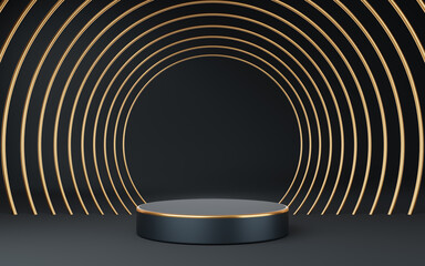 Wall Mural - Empty gray cylinder podium with gold border and circle on gray background. Abstract minimal studio 3d geometric shape object. Pedestal mockup space for display of product design. 3d rendering.