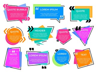 Wall Mural - Quote text frames. Information bubbles, note message or texting block. Colorful info banner, quotation square recent vector set. Quote idea label, discussion communication textbox illustration