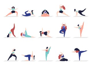 Sticker - Yoga characters. People exercise, adult woman demonstration stretching poses. Female asana meditating, active decent girl workout vector set. Illustration exercise yoga, training people fitness