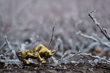 Wall Mural - Figure of a metal bull on a background of frost.