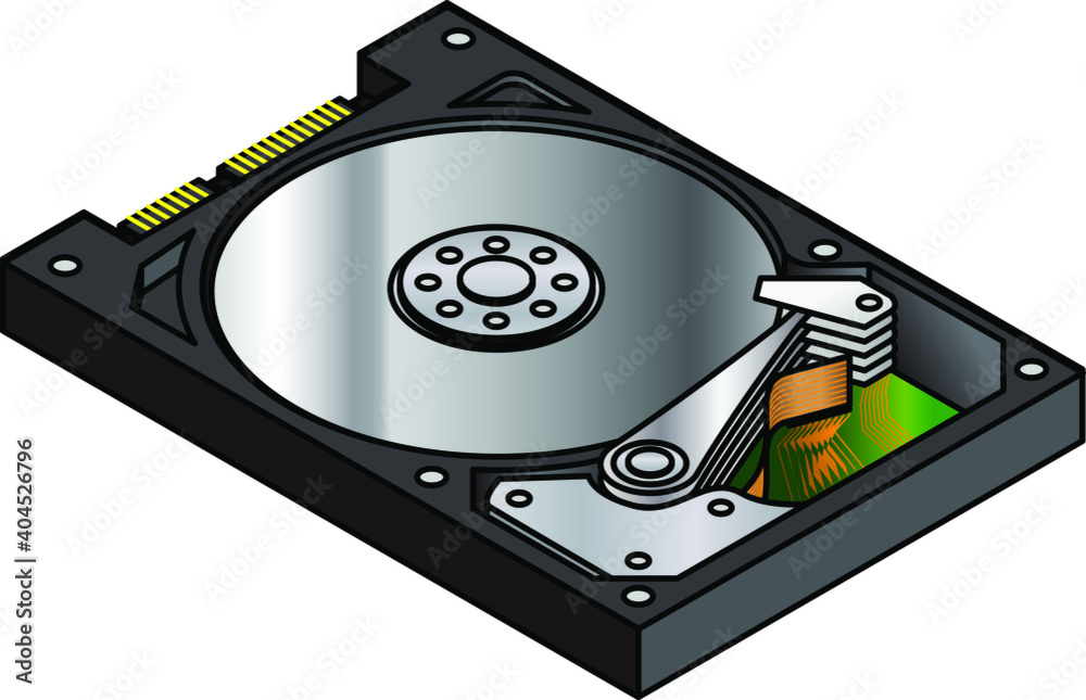 A Hard Disk Drive (HDD) with exposed innards. Isometric view. Stock ...