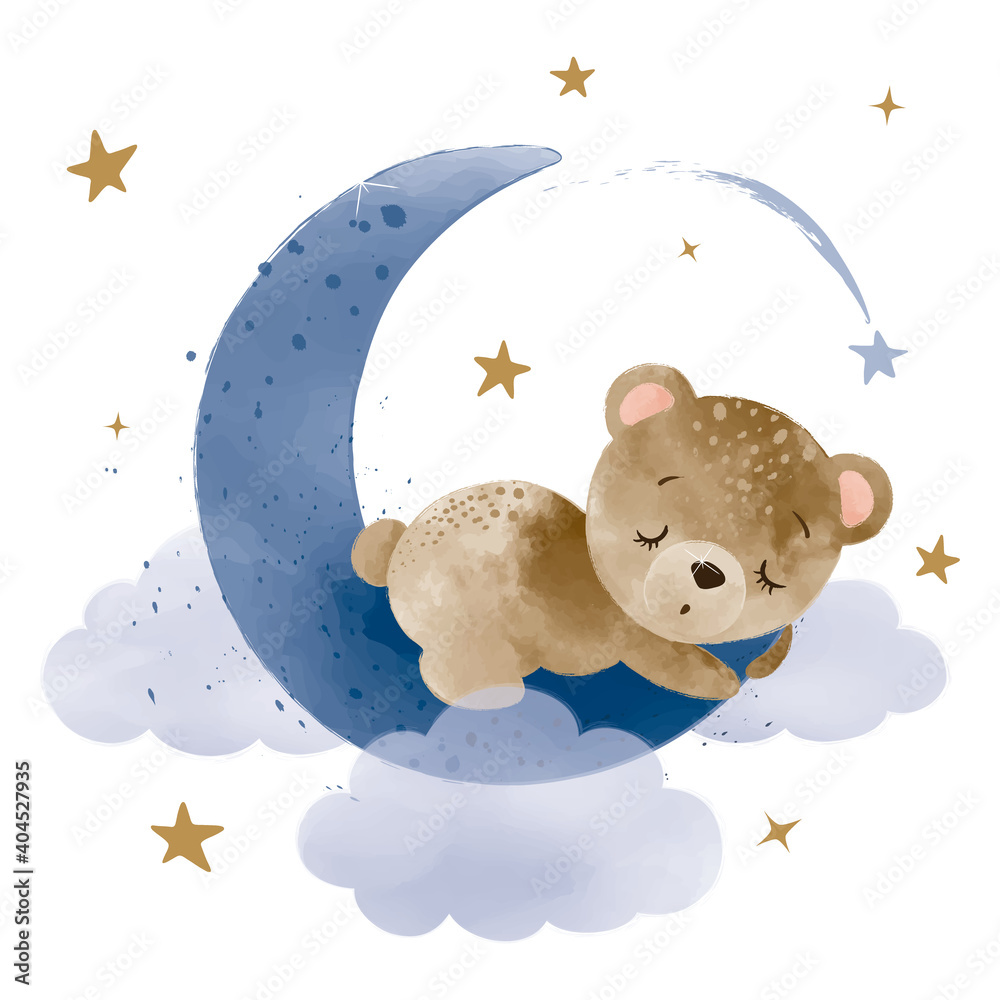 Watercolor hand draw illustration brown teddy bear sleeping on the moon ...