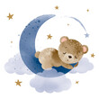 Watercolor hand draw illustration brown teddy bear sleeping on the moon; greeting cards, invitations, baby shower, posters; with white isolated background