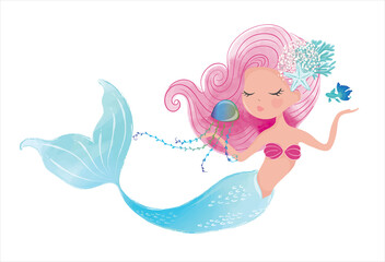Cute mermaid with little jellyfish vector illustration for kids fashion artworks, children books, greeting cards.