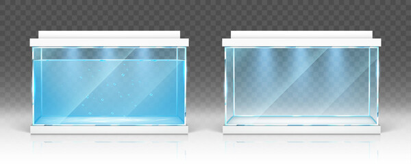 Glass aquarium with water and empty terrarium with white lids and lighting isolated on transparent background. Vector realistic mockup of clear rectangular tank for fish, aquatic pet and other animals