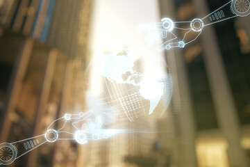 Poster - abstract virtual robotics technology hologram with globe sketch on office buildings background. robo