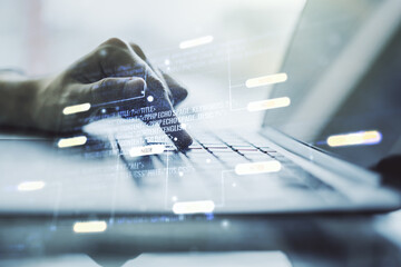 Poster - Multi exposure of abstract software development hologram and hands typing on computer keyboard on background, research and analytics concept