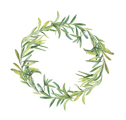  Olive wreath round isolated on white background. Watercolor illustration