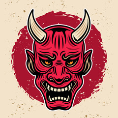 Wall Mural - Samurai warrior horned red mask vintage vector colored illustration in retro style with grunge textures