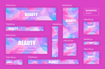 Poster - Collection web banners different sizes for mobile and social networks, skyscraper ad, side banner, mobile leaderboard, half page ad, billboard. Bundle banners for product promo, beauty and fashion.