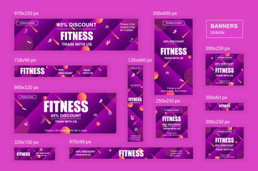 Aufkleber - Collection web banners different sizes for mobile and social networks, skyscraper ad, side banner, mobile leaderboard, half page ad, billboard. Bundle banners for product promo, fitness club, GYM.