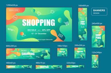 Aufkleber - Collection web banners different sizes for mobile and social networks, skyscraper ad, side banner, mobile leaderboard, half page ad, billboard. Bundle banners for product promo, shopping, e-commerce.