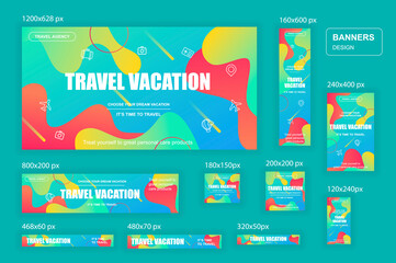Poster - Collection web banners different sizes for mobile and social networks, poster, shopping ads, marketing material. Bundle banners for product promotion, travel agency, journey, vacation, traveling.