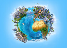 Miniature Earth Planet Globe Mini Sphere, Globe Continents Map Natural Landscape, Energy Conservation, Global World Industry, Business Globalization Concept. Earth Day Environmental Ecology 3D Render