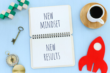 Poster - top view image of table with open notebook and the text new mindset new results. success and personal development concept