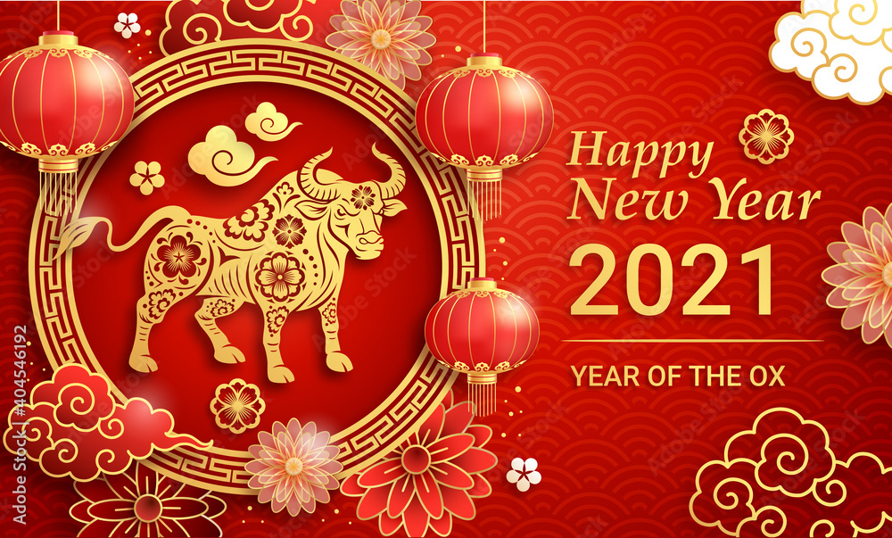 Chinese new year 2021 greeting card background the year of the ox. Vector illustrations. - obrazy, fototapety, plakaty 