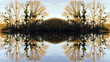 Paysage symétrique haut et bas par réflexion sur un lac miroir, droite et gauche par copie. Arbres aux branches supportant des boules de gui en hiver.