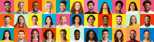 Set Of People Headshots Over Bright Colorful Backgrounds, Collage, Panorama