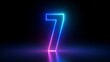 3d render, number seven glowing in the dark, pink blue neon light
