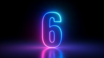 3d render, number six glowing in the dark, pink blue neon light