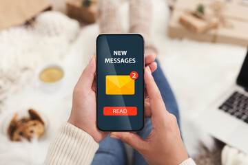 Poster - Email Marketing. Woman Holding Smartphone With New Messages Notification And Envelope Icon