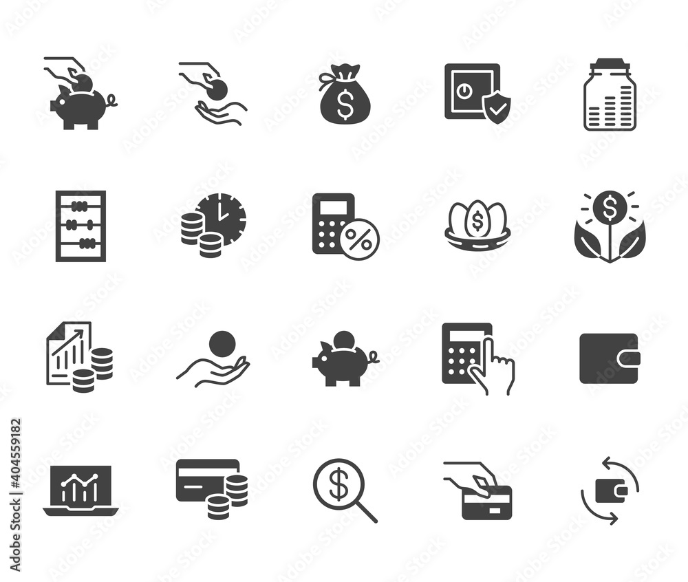Money income flat icon set. Pension fund, profit growth, piggy bank, finance capital minimal black silhouette vector illustration. Simple glyph signs for investment application - obrazy, fototapety, plakaty 