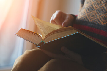 young woman reading book at home, morning window light