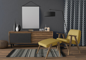 Wall Mural - Midcentury style modern interior in colors of 2021, ultimate grey and illuminating yellow, poster mockup with vintage armchair and wooden cabinet