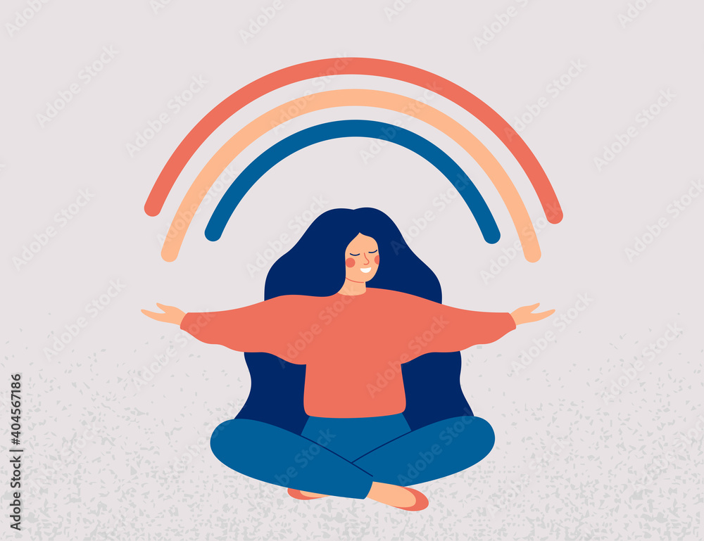 Happy woman sits in lotus pose and open her arms to the rainbow. Smiled girl creates good vibe around her. Smiling female character enjoys her freedom and life. Body positive and health care concept - obrazy, fototapety, plakaty 