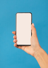 Wall Mural - Female Hand Holding Phone With White Screen Over Blue Background