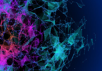 Poster - Blue and purple vibrant triangular grid in futuristic technology style on dark background