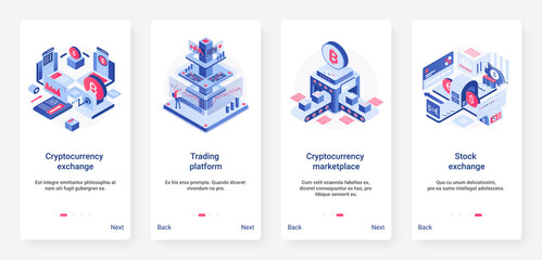 Poster - Isometric cryptocurrency exchange trading platform vector illustration. UX, UI onboarding mobile app page screen set with cartoon 3d trader work, blockchain, crypto currency data stock marketplace