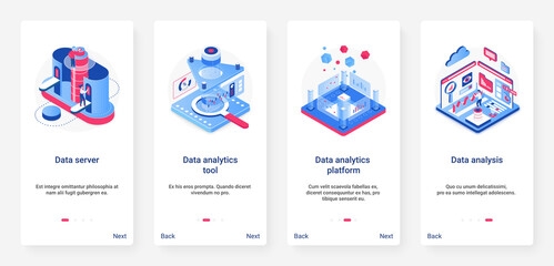 Aufkleber - Isometric data analytics, analysis digital technology vector illustration. UX, UI onboarding mobile app page screen set with cartoon 3d database server platform with analyzing tools, work of analysts