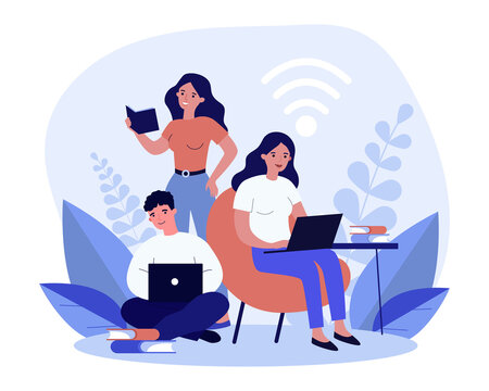 Group of students with laptops and books doing task. Studying together, team, project. Flat vector illustration. Education, wireless connection concept for banner, website design or landing web page