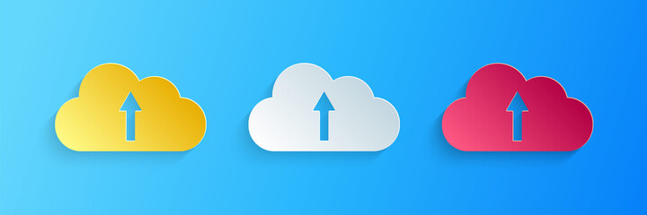 Poster - Paper cut Cloud upload icon isolated on blue background. Paper art style. Vector.