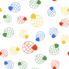Poster - Color Shield with world globe icon isolated seamless pattern on white background. Security, safety, protection, privacy concept. Vector.