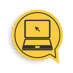 Fototapete - Black Laptop with cursor icon isolated on white background. Yellow speech bubble symbol. Vector.
